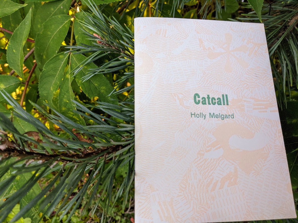 Holly Melgard's CATCALL, a small book with light green lettering against a softly textured pink and white cover, sits in the branches of an evergreen, a leafy bush's branches brushing to its left.