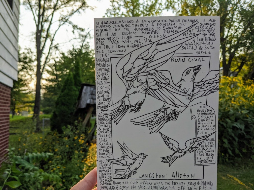 a white hand holds a white pamphlet-book covered in handwritten text and with illustrations of birds. The book is MILWAUKEE AVENUE, by Kevin Coval & with art by Langston Allston 